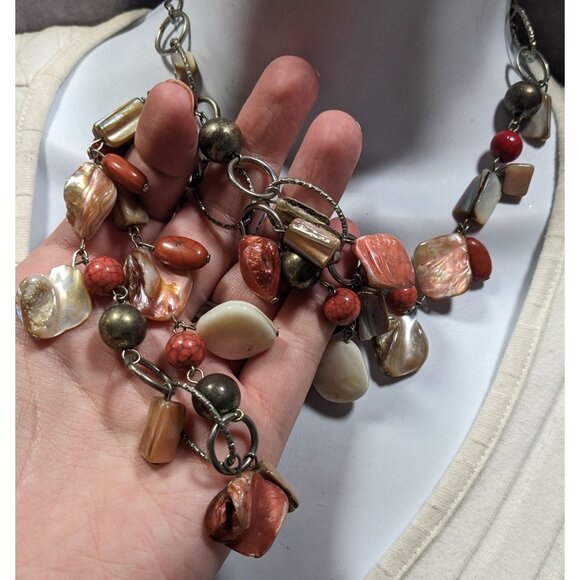 Vintage Mermaidcore Metal, Stone, And Pink Shell Chip Beaded Necklace - Picture 3 of 7